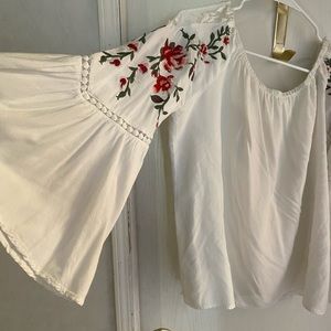 White Flowing Blouse with lace& Stitched Flowers